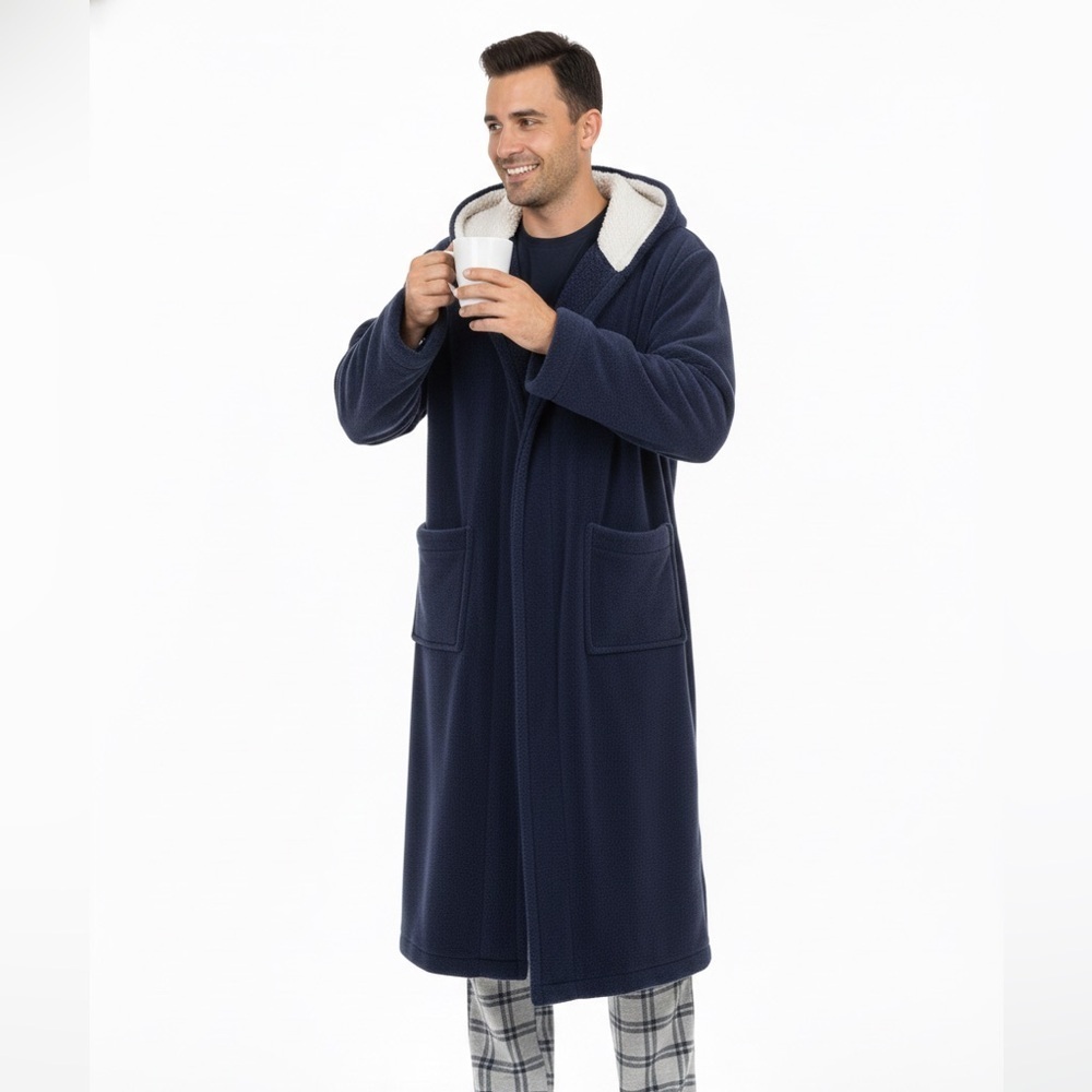 LL.BEAN Men's Large Wicked Plush Hooded Fleece Robe Cozy Loungewear Bathrobe